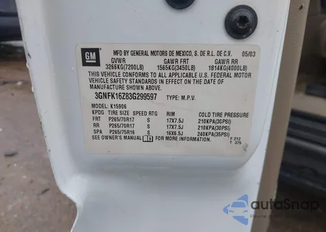 2003 Chevrolet Suburban 1500 Z71 from USA, damaged, VIN 3GNFK16Z83G299597